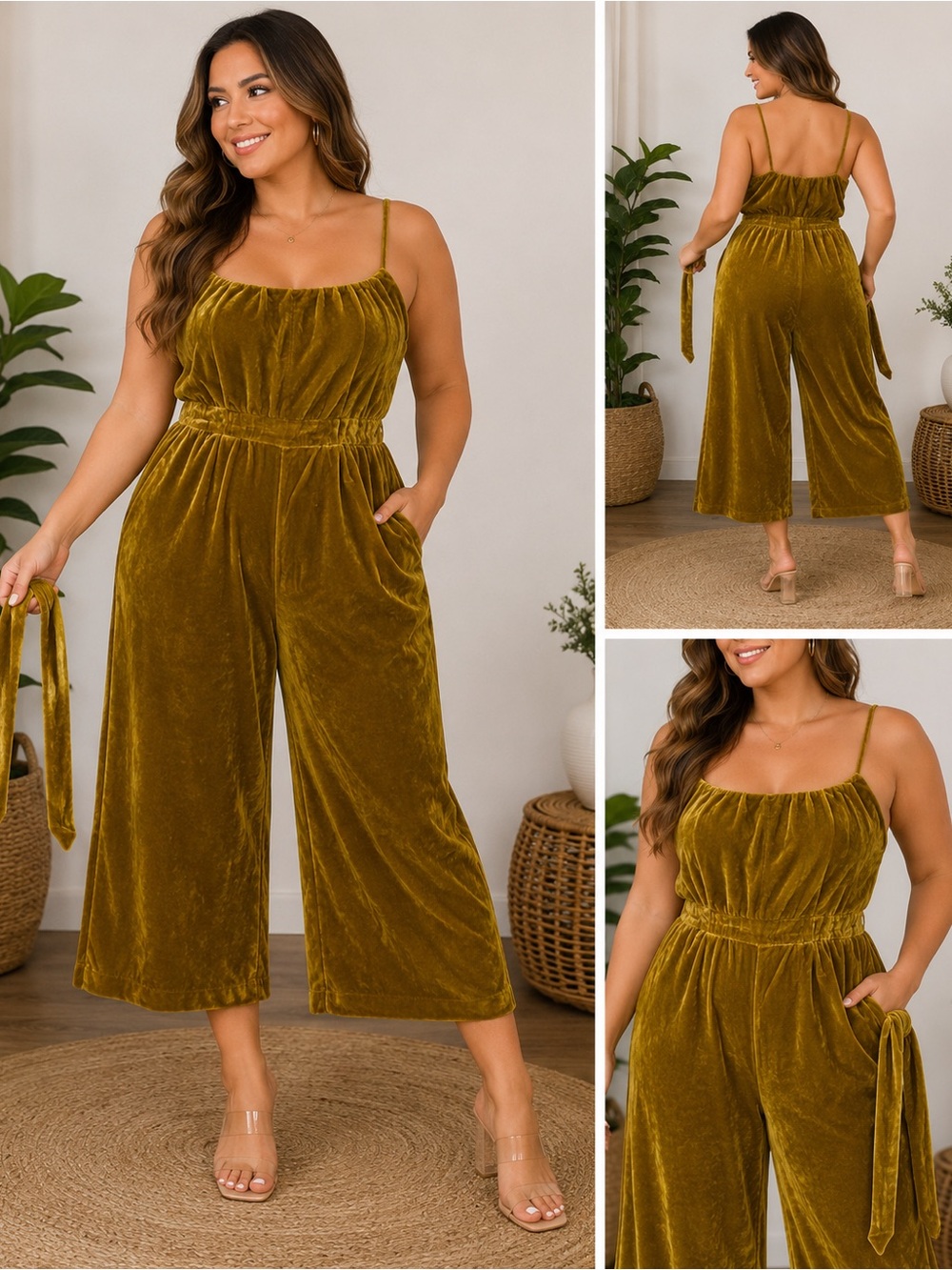J. Crew Olive Velvet Wide-Leg Jumpsuit with Tie